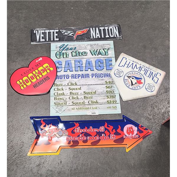 FIVE ASSORTED TIN SIGNS-REPRODUCTION