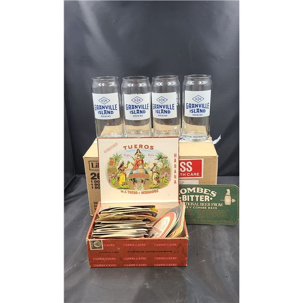 LARGE COLLECTION VINTAGE BEER COASTERS & CASE 12 UNUSED GRANVILLE ISLAND BREWING GLASSES