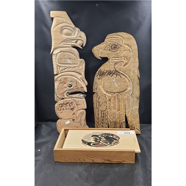 THREE NATIVE CARVINGS & KEEPSAKE BOX