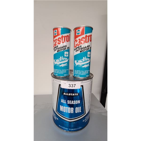TWO VINTAGE CASTROL OUTBOARD MOTOR OIL CANS & ALLSTATE MOTOR OIL CAN