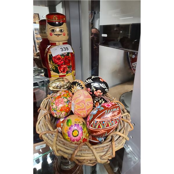BASKET 12 UKRAINIAN HAND PAINTED WOODEN EGGS & LIQUOR BOTTLE HOLDER