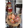 Image 1 : BASKET 12 UKRAINIAN HAND PAINTED WOODEN EGGS & LIQUOR BOTTLE HOLDER