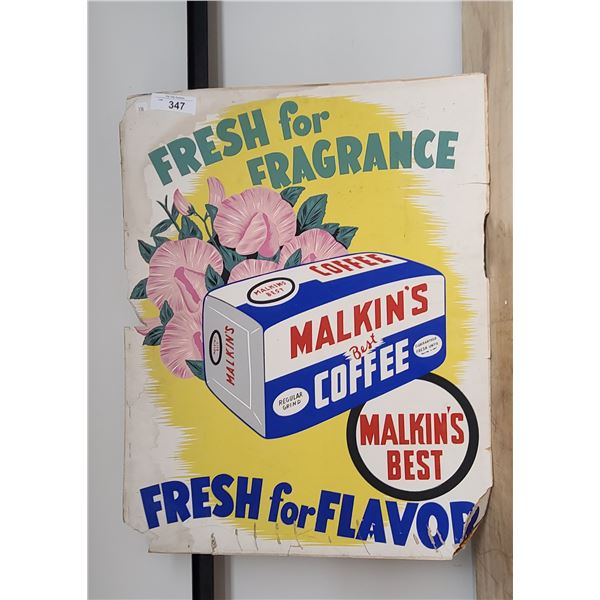 VINTAGE MALKIN'S COFFEE CARDBOARD SIGN
