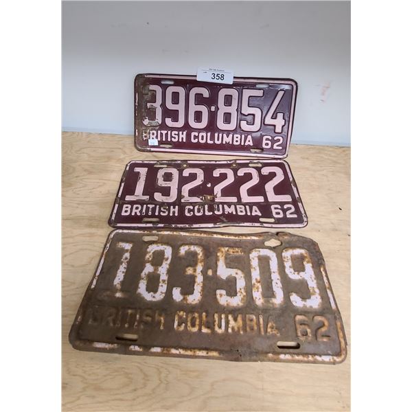 THREE 1962 BC LICENSE PLATES