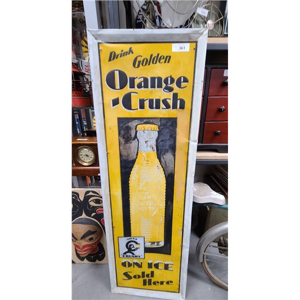 HARD TO FIND ORIGINAL 1925 ORANGE CRUSH SELF FRAMED EMBOSSED METAL SIGN