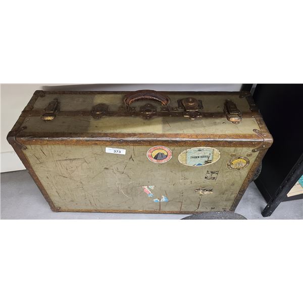 1940'S TRAVEL TRUNK- HAS ORIGINAL WORLD HOTEL DECALS