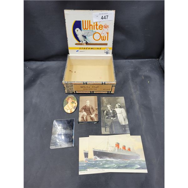 COLLECTION ANTIQUE/VINTAGE PHOTOS & POSTCARDS IN WHITE OWL CIGAR BOX