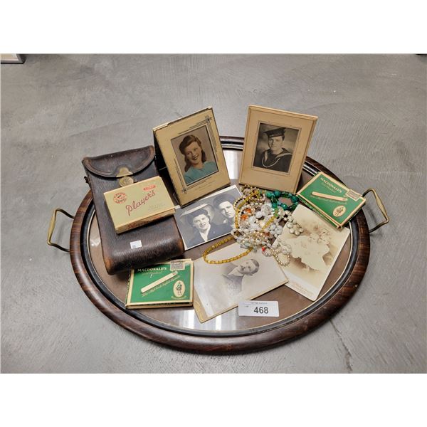 VICTORIAN SERVING TRAY W/FIVE ANTIQUE/VINTAGE PHOTOS, THREE CARDBOARD TOBACCO PACKS, COSTUME JEWELRY