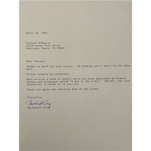 Macdonald Carey signed personal letter