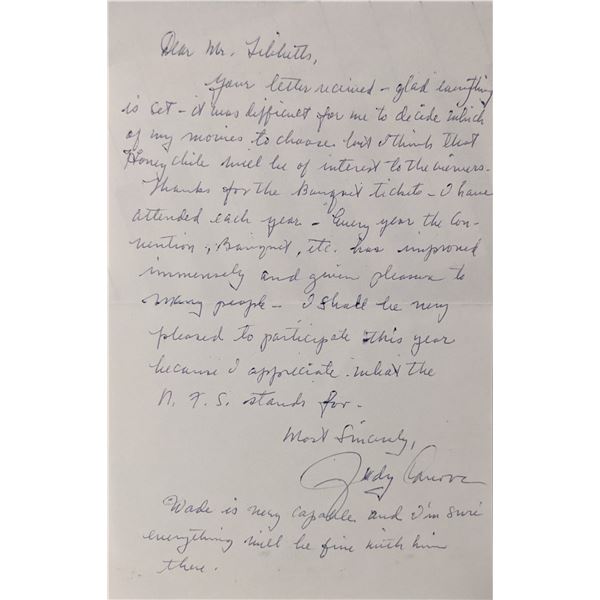 Judy Canova Signed Hand Written Letter