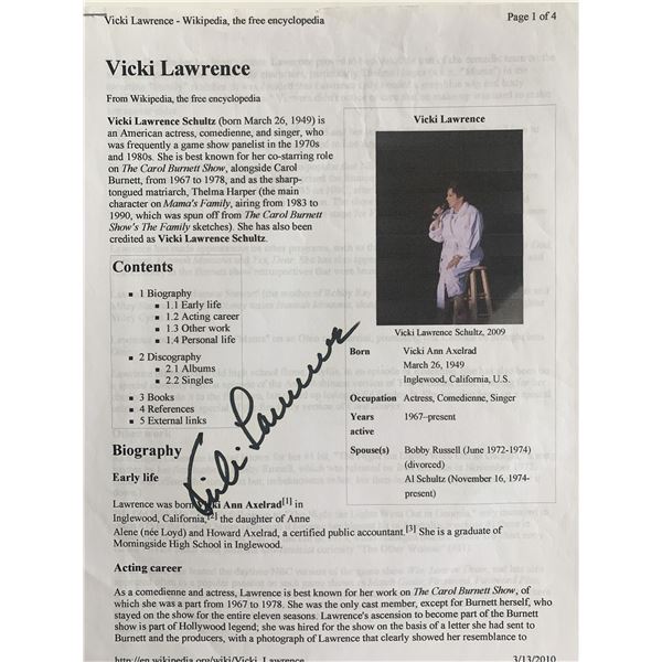 Vicki Lawrence Signed Wikipedia Print Out