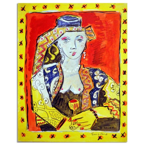 Wayne Ensrud "Exotic Woman With Wine Glass" Mixed Media Original Artwork with COA.