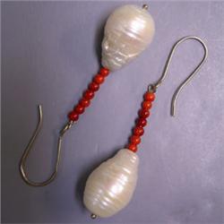 14K GOLD SOUTH SEA PEARL AND ITALIAN CORAL DANGLE EARRINGS 31x11 MM