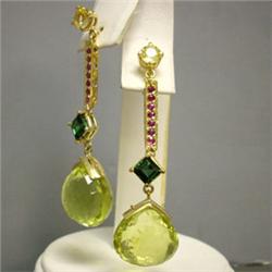 14K GOLD 20 CTS CITRINE 2 CTS RUBY 1.5 CTS TOURMALINE EARRINGS