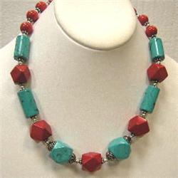 455 CTS STABILIZED TURQUOISE AND BAMBOO CORAL NECKLACE - 19 INCHES