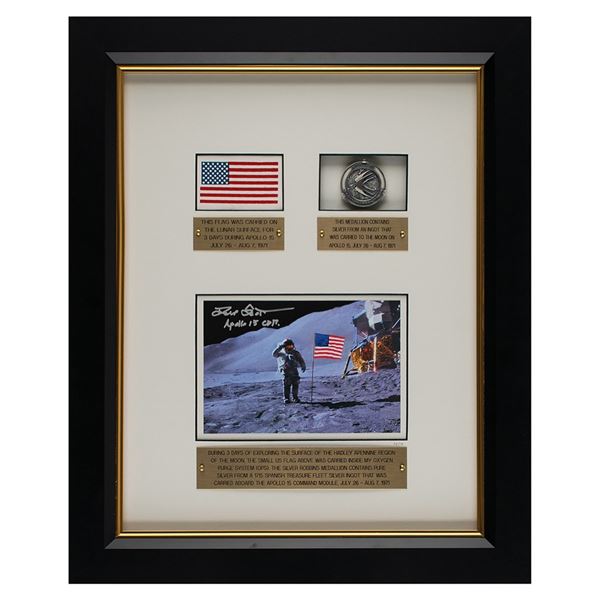 Dave Scott's Apollo 15 Lunar Landed Flag and Lunar Orbited Metal Robbins Medallion Display