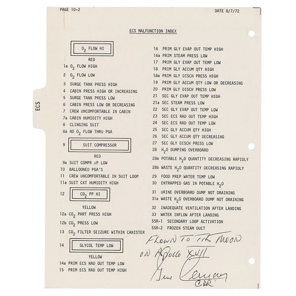 Apollo 17 Flown Checklist Page Signed by Gene Cernan