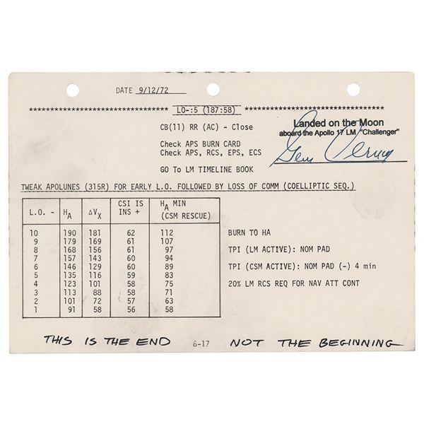 Apollo 17 Flown LM Lunar Surface Checklist Page Signed and Flight-Certified by Gene Cernan