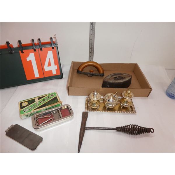 antique iron, razor, sugar & cream tray