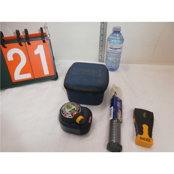 stud finder, 1" auger bit, laser level