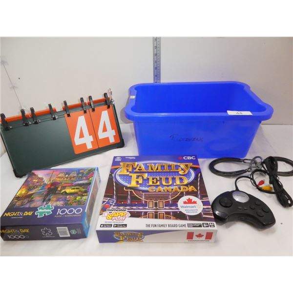 plastic bin, controller, game, puzzle