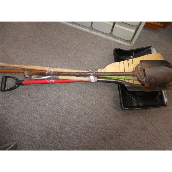 broom, assorted shovels, hole digger