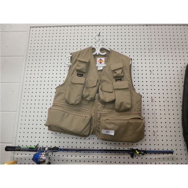 fishing vest medium, fishing rod & reel