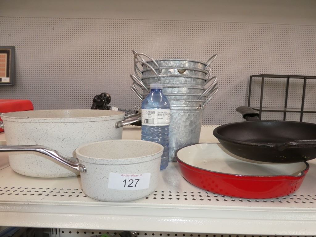 frying pans, cooking pots, galvanized buckets