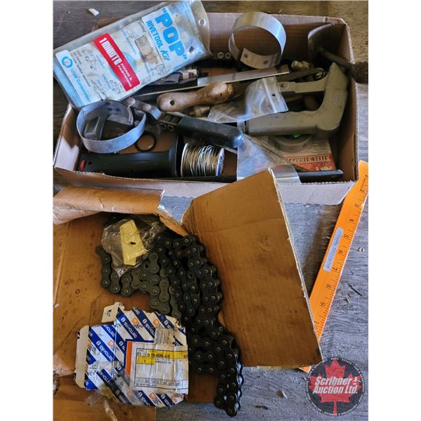 Tray Lot: Riveter, Oil Filter Wrench, Strapping, Rivets, Sprocket Chain, etc (SEE PICS!)