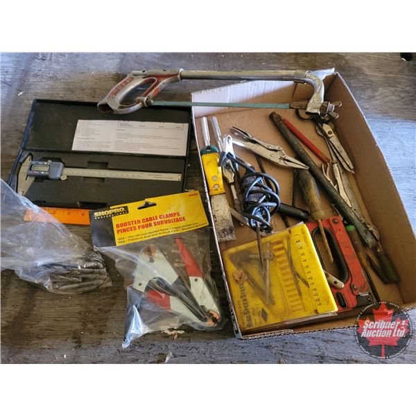 Tray Lot: Digital Calipers, Booster Cable Clamps, Test Lights, Hacksaw, Wrenches, etc (SEE PICS!)