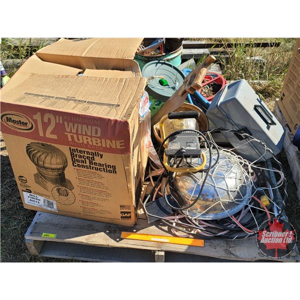 Pallet Lot: 12" Wind Turbine, Plant Hangers, Impact Sockets 3/4"Drive, Caulking Guns, Tire Bar, Hamm