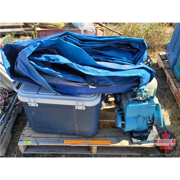 Pallet Lot: Tarp, Cooler, Wind Turbine, Fence Stretcher, Ext Cord, Briggs & Stratton 3hp Motor, etc