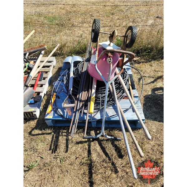 Pallet Lot: Post Maul, Floor Scraper, Rake, Shovel, Coated Cable, etc (SEE PICS!)