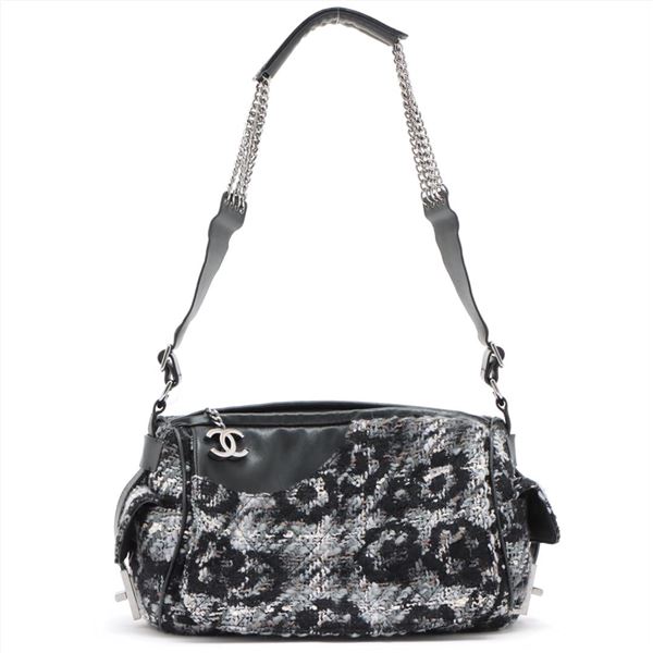 Chanel Black Gray Tweed Leather Camelia Shoulder Bag