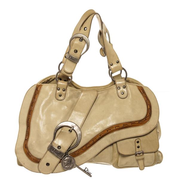 Christian Dior Beige Leather Gaucho Saddle Shoulder Bag