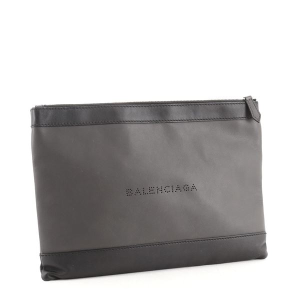Balenciaga Navy Zip Pouch Leather Medium Black, Gray