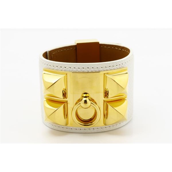 Hermes White Epsom Leather Collier de Chien Bracelet GHW