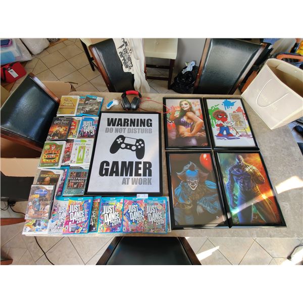 Collection of Wii, WiiU, Gamecube Games with Turtle Beach Gamer Headset & Pop Culture Wall Art