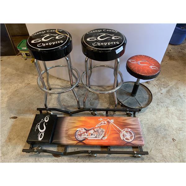 Orange County Choppers Creeper Shop Stool and Two Regular Orange County Stools