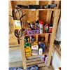 Image 1 : Wooden Garage Shelving Unit with Assorted Chemicals and Tow Hitches