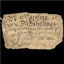 1754 North Carolina 15 Shilling Colonial Note (COI-4346)