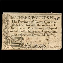 1771 North Carolina 3 Pound Colonial Note (COI-4347)