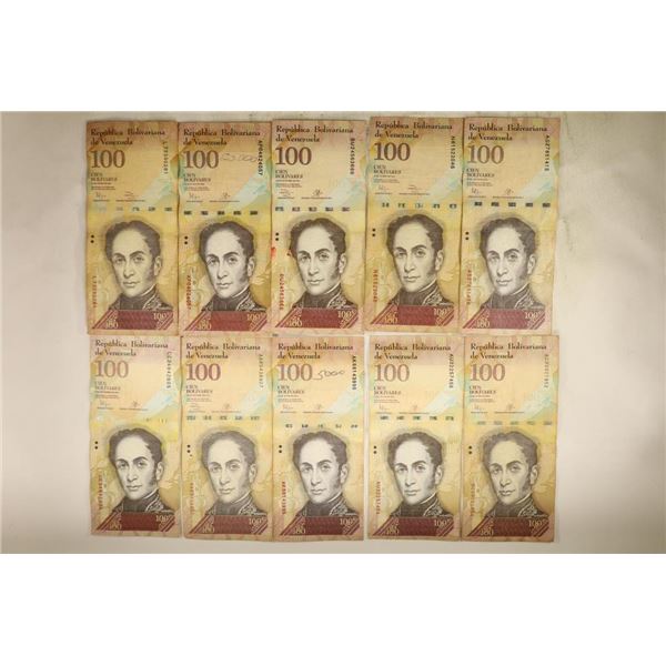 10 VENEZUELA 100 BOLIVARE NOTES 2012 TO 2015. MAY
