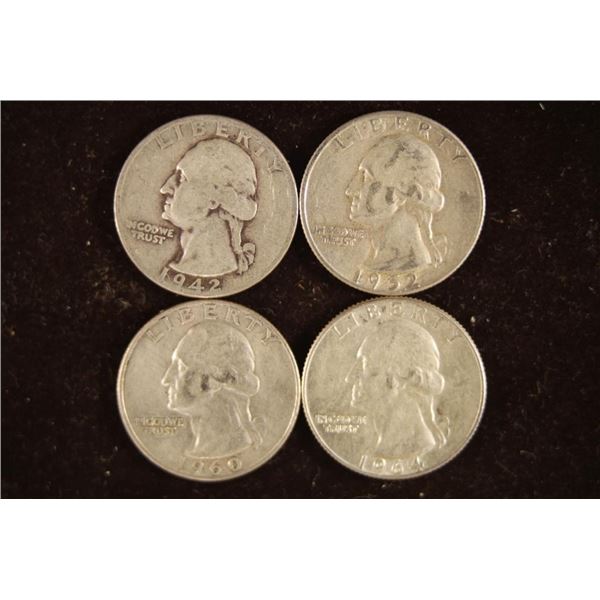 1992, 1952-D, 1960-D & 64-D WASHINGTON SILVER 1/4S