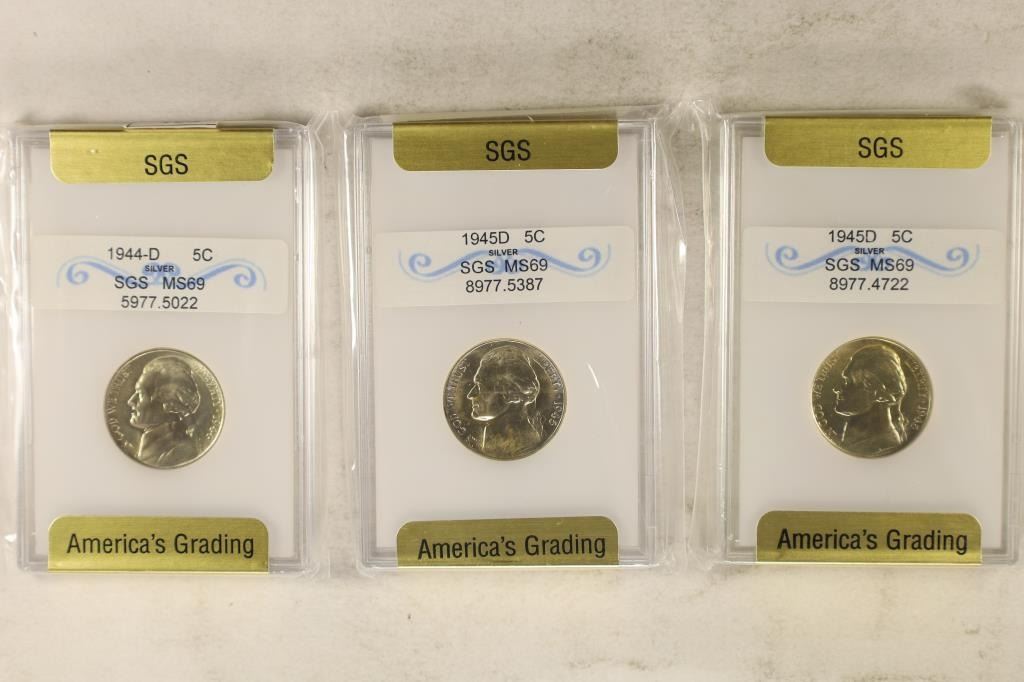 3 SLABBED 35% SILVER JEFFERSON WAR NICKELS: 1944-D