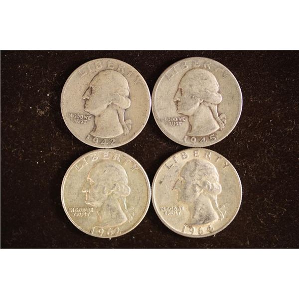 1942, 45, 62-D & 1964 WASHINGTON SILVER QUARTERS