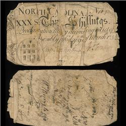 1754 RARE North Carolina 30 Shilling Colonial Note (COI-4115)