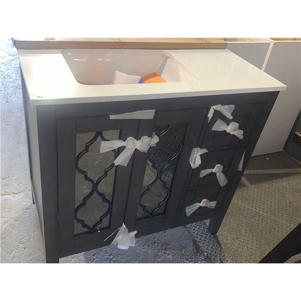 NEW Bathroom Vanity 36 inch wide , glass front with drawers, single sink - slight damage on back as 