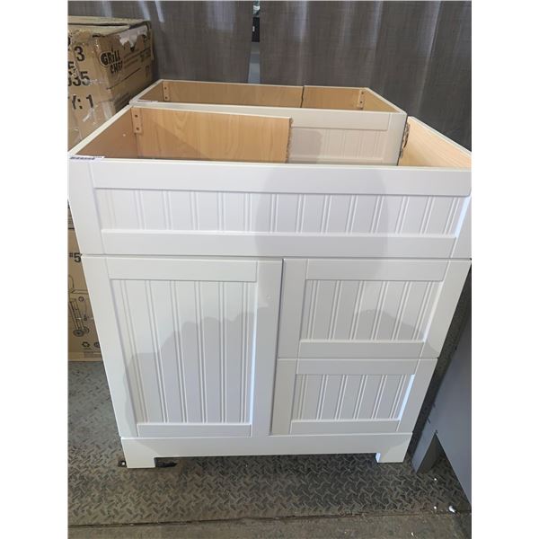 White colonial Bathroom Vanity cabinet, 30 inch no sink, slight damage on back, front and sides are 