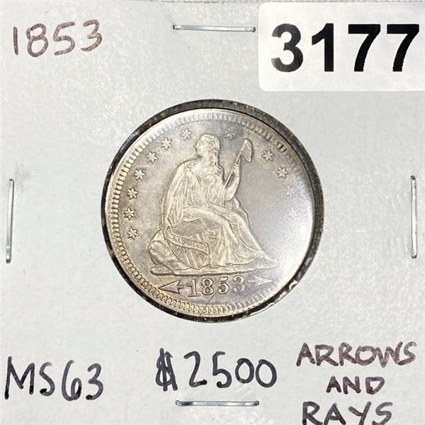 1853 Seated Liberty Quarter -MS63 Arws & Rays